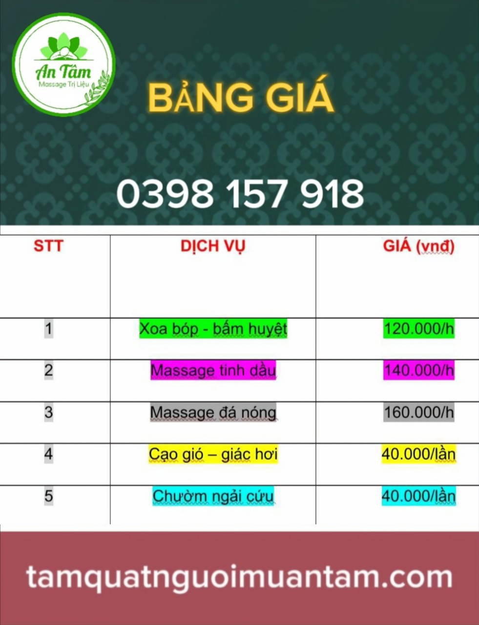 Bảng giá dịch vụ tại Tẩm Quất An Tâm 